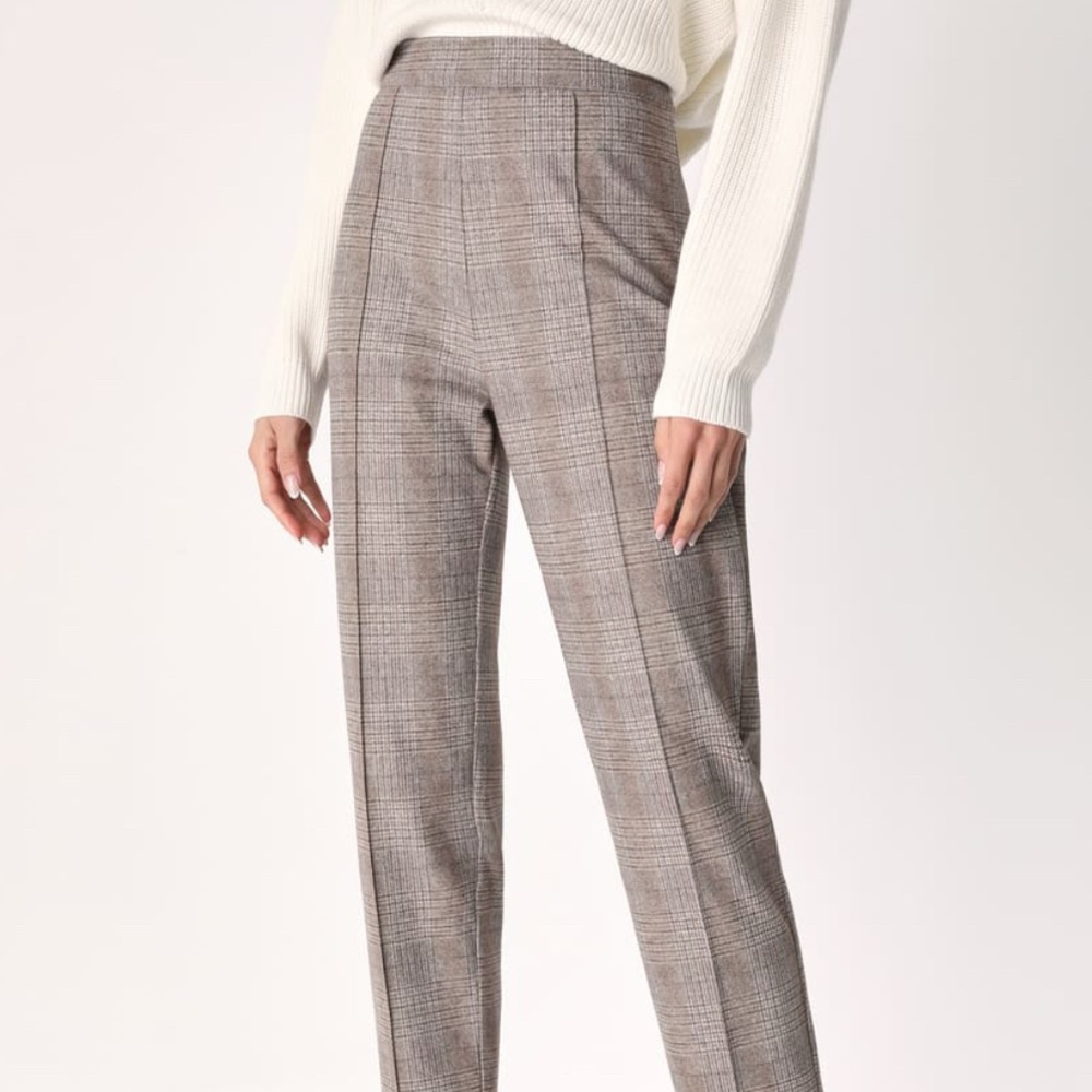 Lulu's Taupe Plaid Trouser Pants High-Waisted